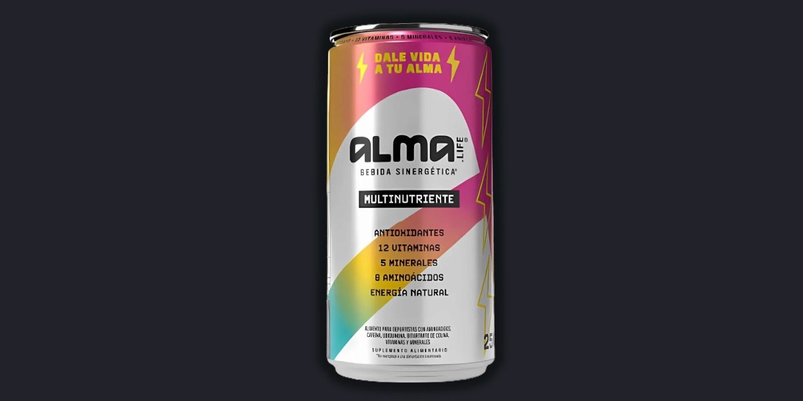 A can of ALMA Life Multinutrient energy drink featuring antioxidants, 12 vitamins, 5 minerals, 8 amino acids, and natural energy, with a colorful design and the tagline 'Dale Vida A Tu Alma'.