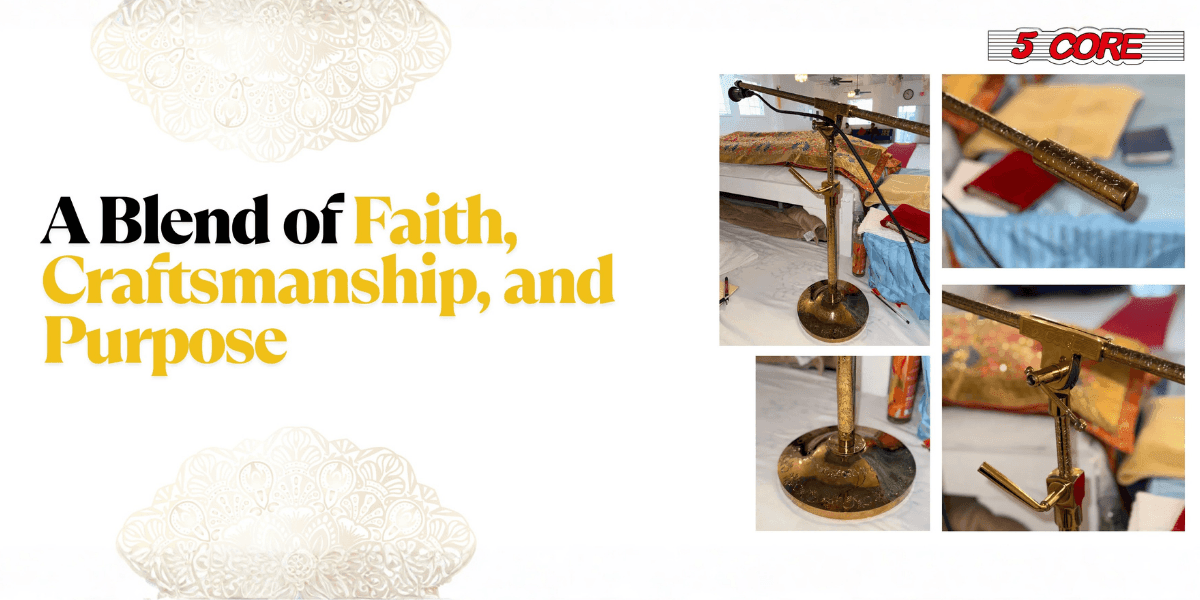 5 Core’s handcrafted 24K gold microphone stand, combining luxury, craftsmanship, and spiritual significance, elevating both function and art.