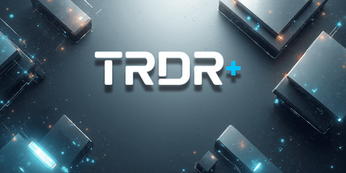 TRDR+ logo in white, surrounded by sleek metallic devices with glowing blue and orange accents, set against a dark backdrop.