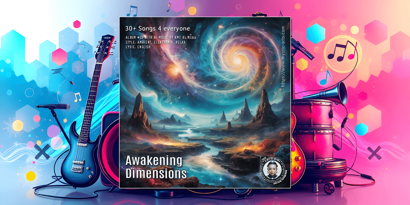 Album cover for 'Awakening Dimensions' featuring vibrant cosmic artwork with swirling galaxies and mystical landscapes. The design includes musical instruments such as an electric guitar, speakers, and musical notes. The album, by KMT KI Media, features AI-generated music in ambient, electronic, and relaxing styles, available in English. Bright, colorful background with geometric shapes adds to the dynamic theme