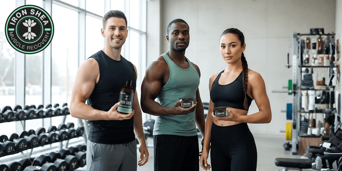 Three athletes in a gym holding Iron Shea muscle recovery products, showcasing strength and focus while promoting natural recovery.