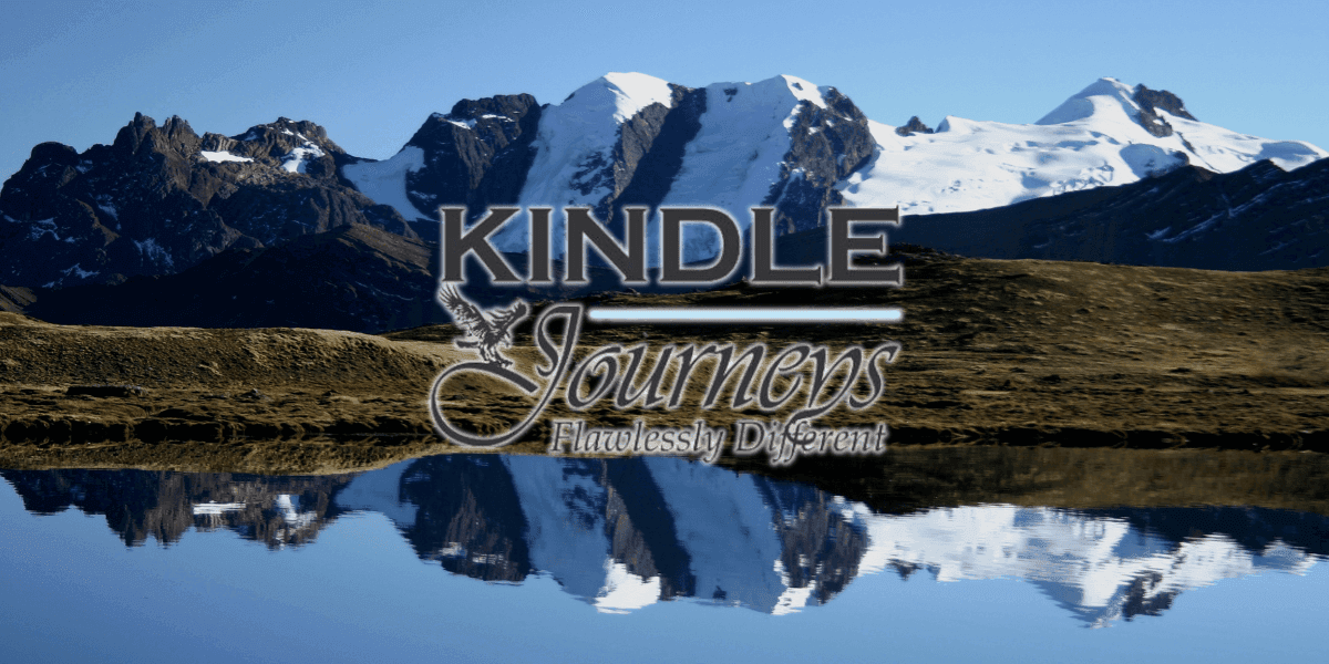 Snow-capped Andes reflected in lake with "Kindle Journeys: Flawlessly Different" logo, symbolizing luxury travel in Peru.