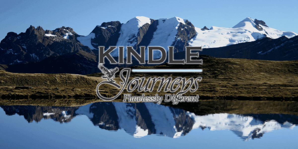 Snow-capped Andes reflected in lake with "Kindle Journeys: Flawlessly Different" logo, symbolizing luxury travel in Peru.