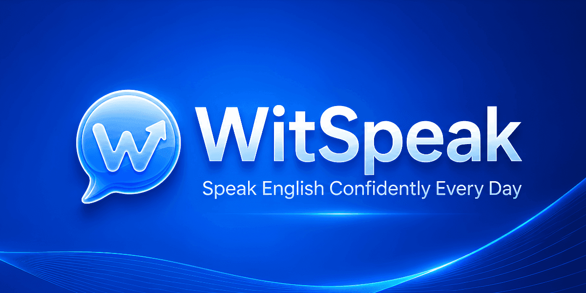 WitSpeak logo with the tagline “Speak English Confidently Every Day” on a blue background.