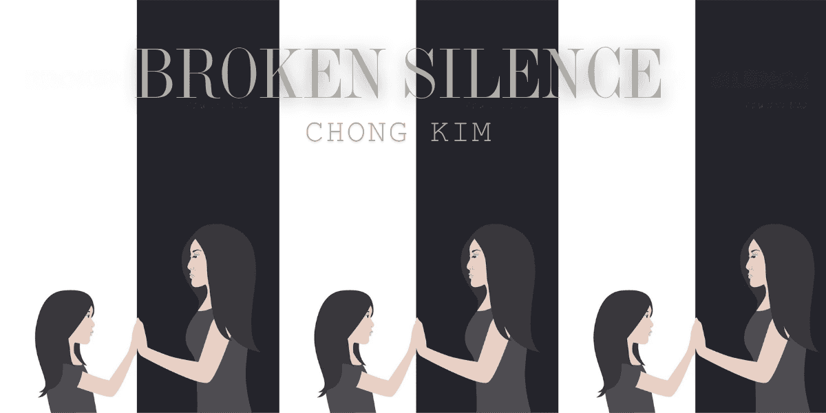 featuring an artistic design of two women separated by a black and white wall, symbolizing silence and separation."