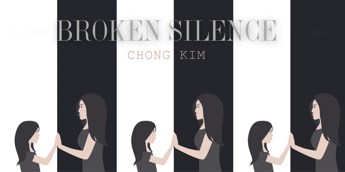 featuring an artistic design of two women separated by a black and white wall, symbolizing silence and separation."