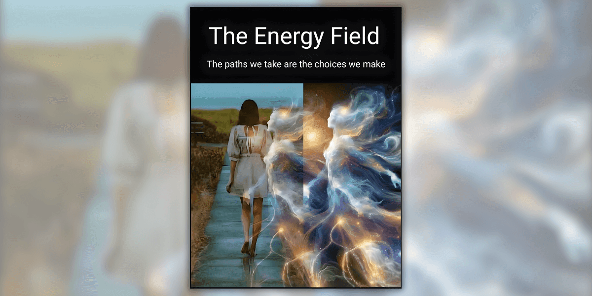 Book cover showing woman walking toward horizon blending into swirling spiritual energy figures, symbolizing transformation, healing, choices, and inner strength.
