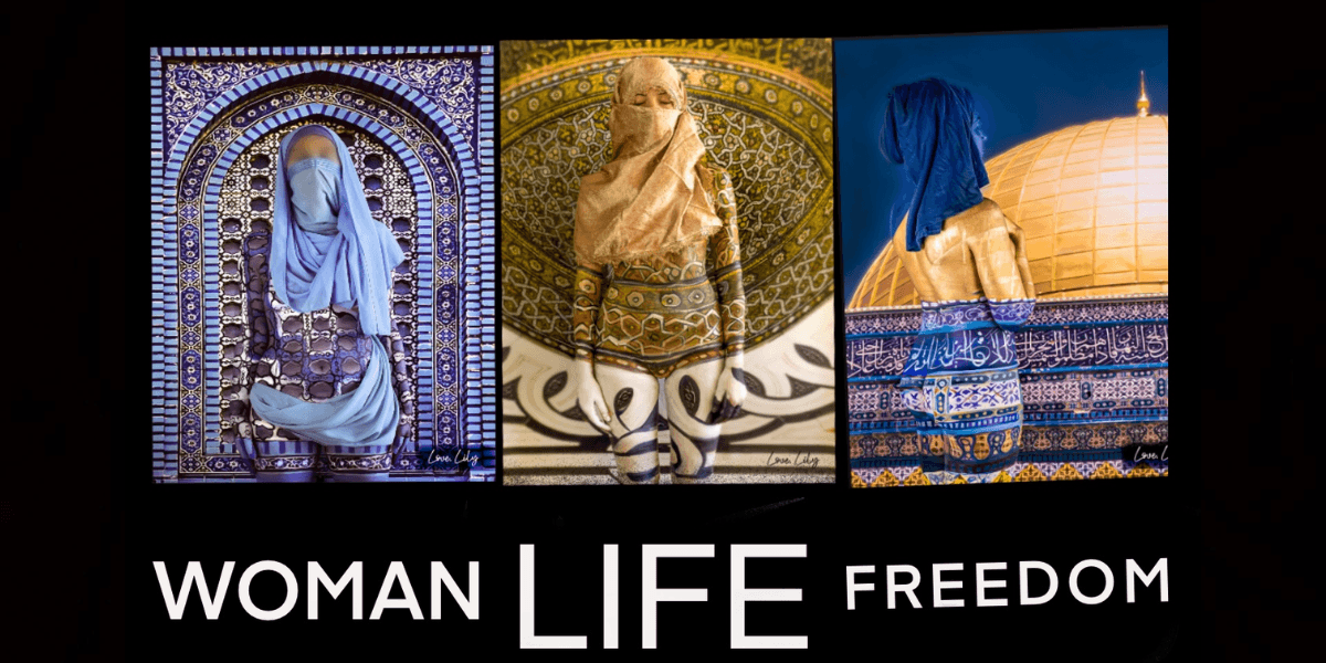 Three figures painted into sacred architecture, symbolizing women’s reclamation of space and autonomy, challenging historical oppression.