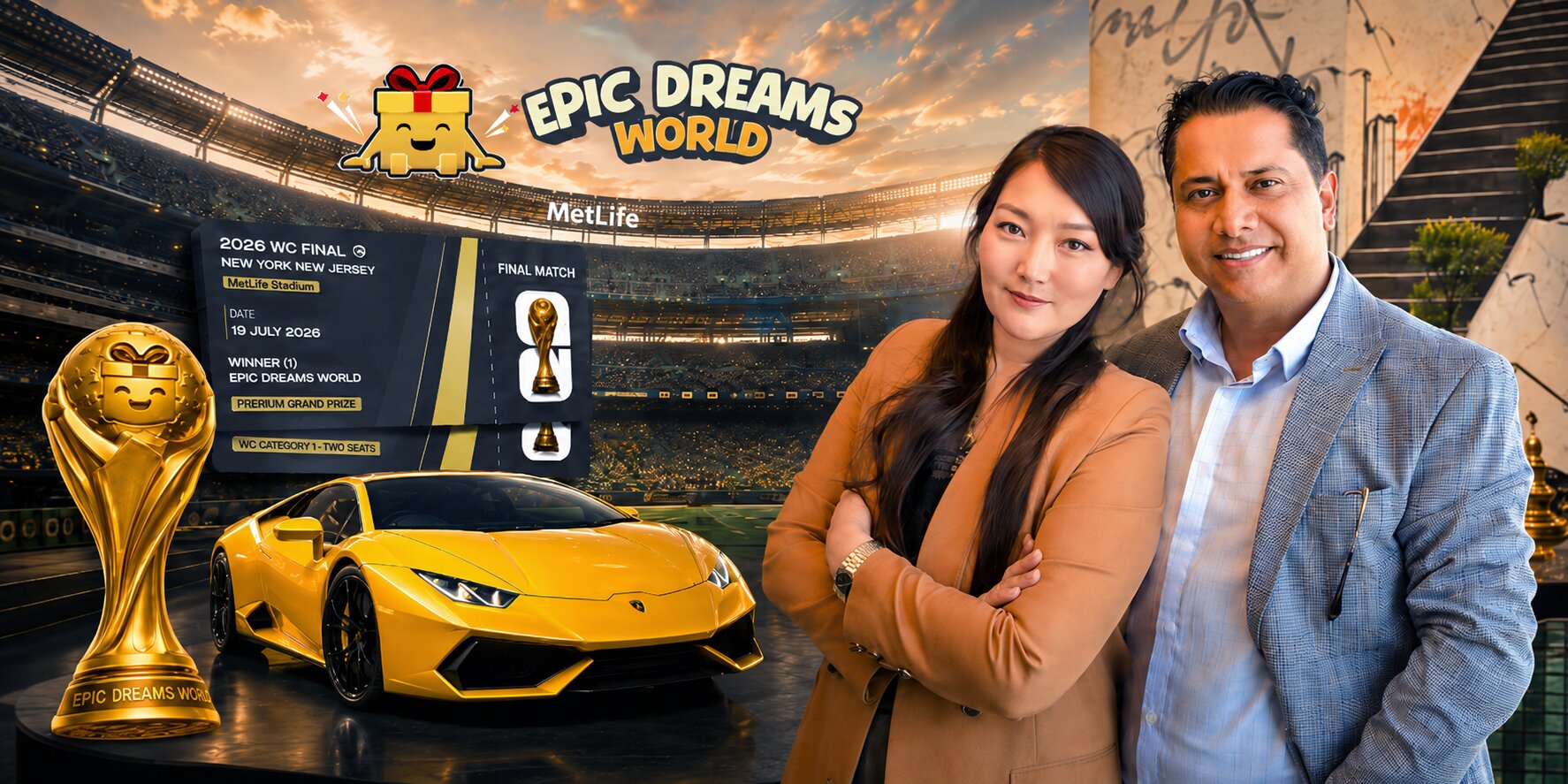 Epic Dreams World promotion featuring World Cup final tickets, Lamborghini Huracán, trophy, and two company leaders.