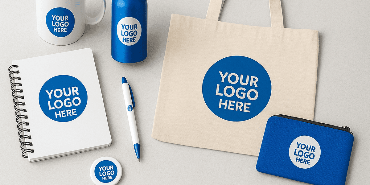 Branded conference merchandise set including tote bag, notebook, mug, bottle, and pen showcasing customizable logo design.