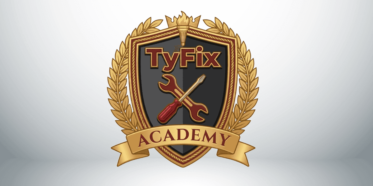 TyFix Academy crest logo featuring crossed wrench and screwdriver inside a shield with gold laurel wreath.