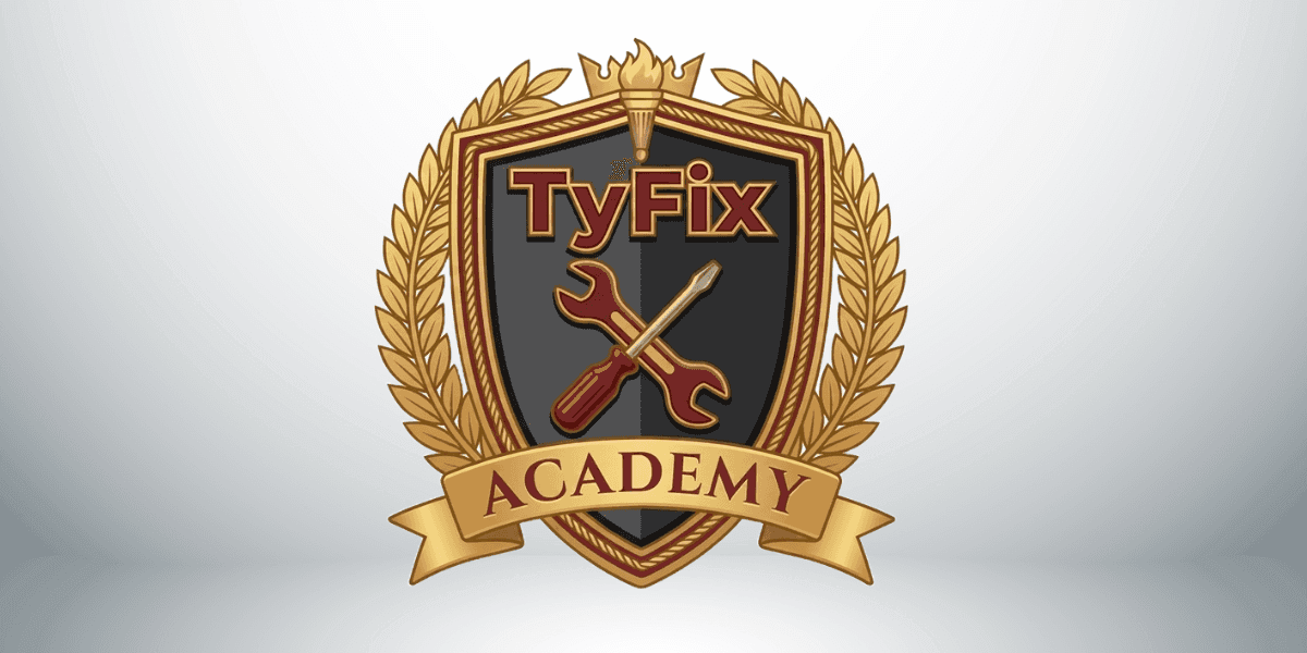 TyFix Academy crest logo featuring crossed wrench and screwdriver inside a shield with gold laurel wreath.