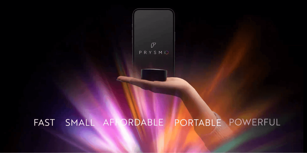 Hand holding a Prysm iO device with glowing background and text: 'Fast, Small, Affordable, Portable, Powerful.'