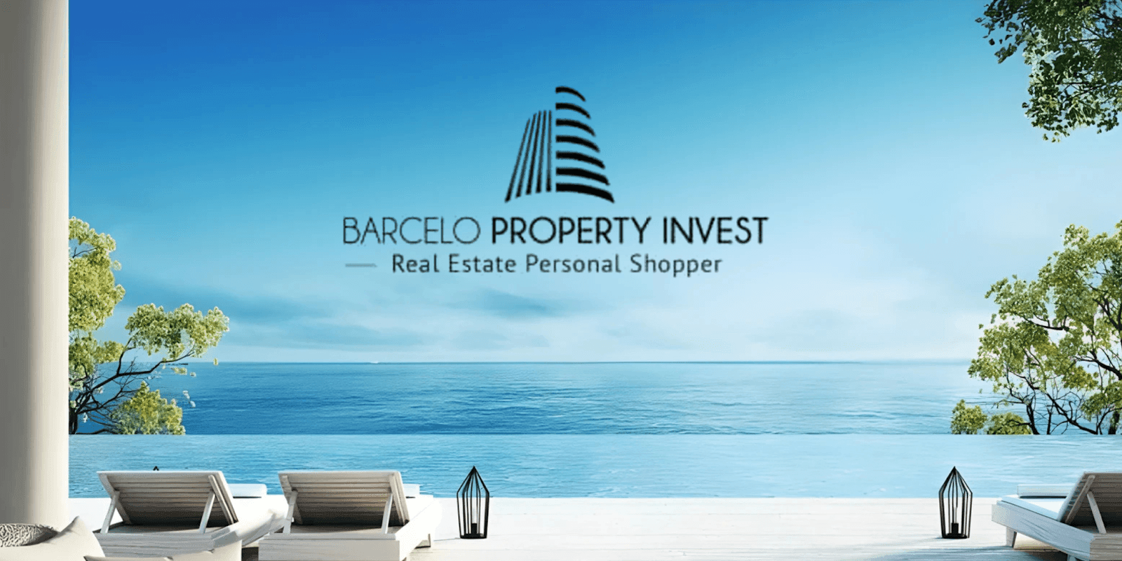 Luxury oceanfront view with loungers and Barcelo Property Invest logo, highlighting premium real estate services in Barcelona.