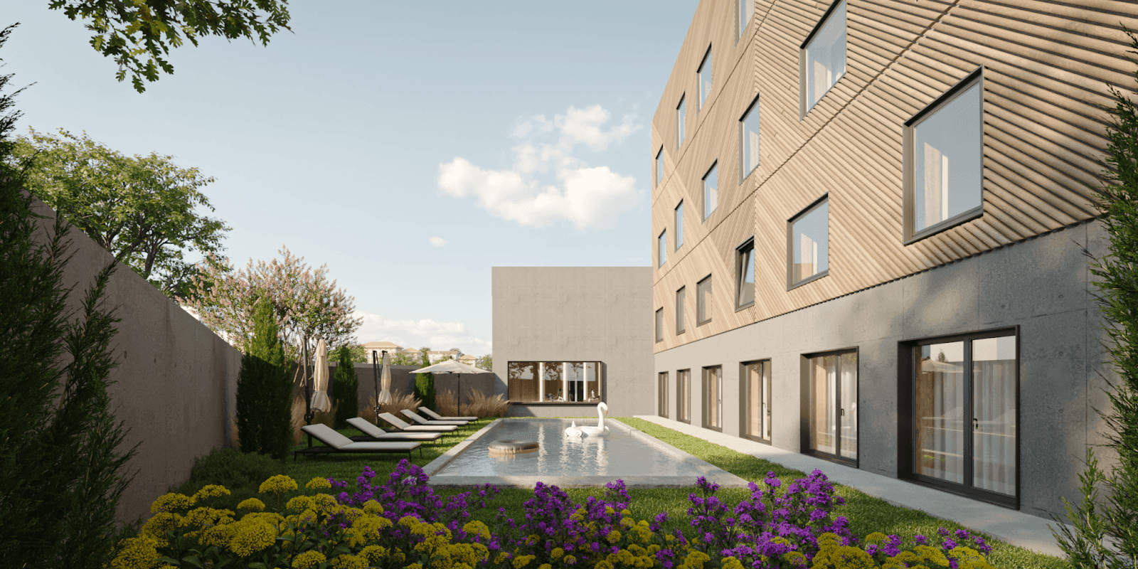 Modern building with a pool, surrounded by lush greenery and vibrant flowers, featuring a sleek concrete and wood design.