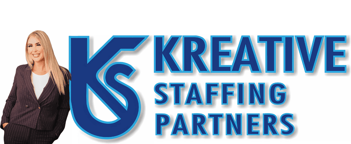 Smiling woman in business attire beside Kreative Staffing Partners logo in blue.