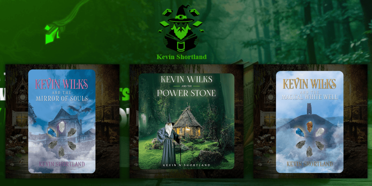 Covers of three fantasy books from the Kevin Wilks series featuring magical stones and mystical landscapes.