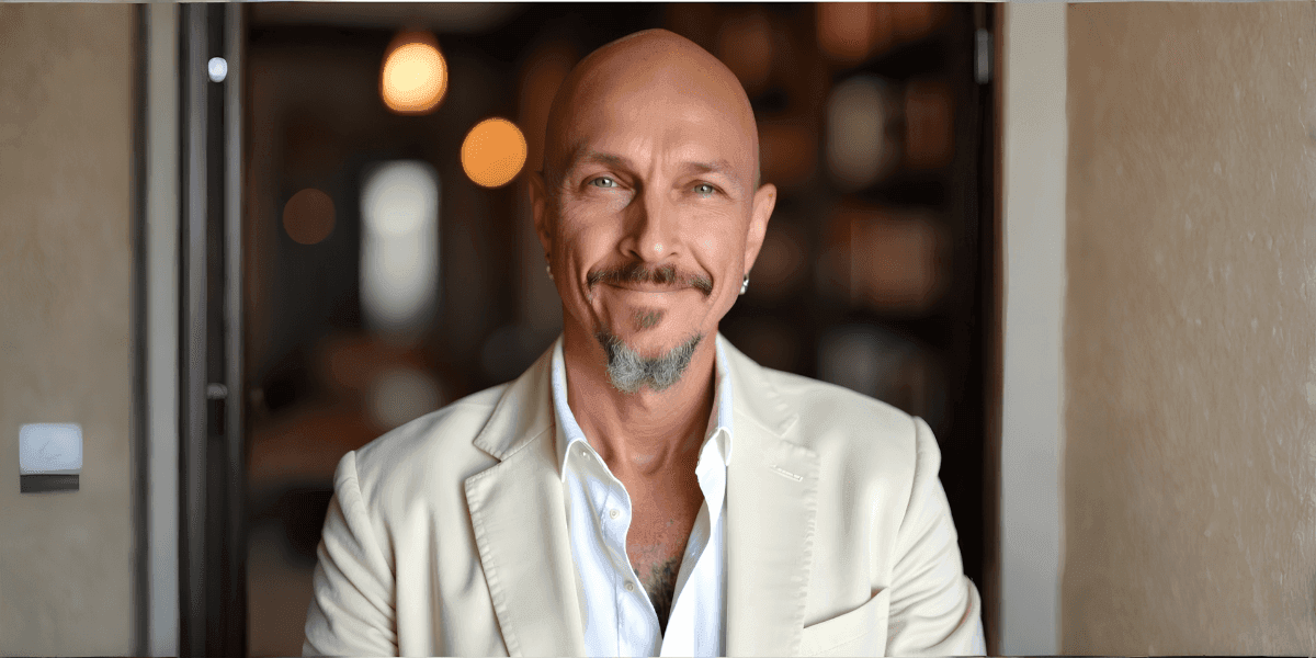 Smiling bald man in a cream blazer and white shirt posing indoors with a softly blurred background.
