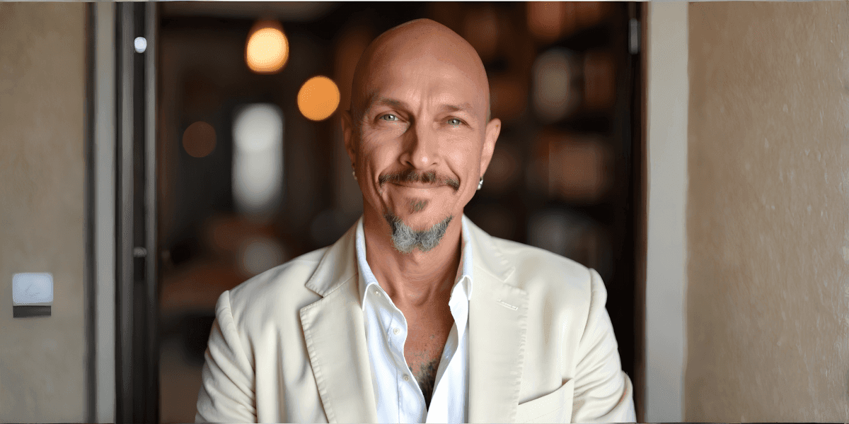 Smiling bald man in a cream blazer and white shirt posing indoors with a softly blurred background.