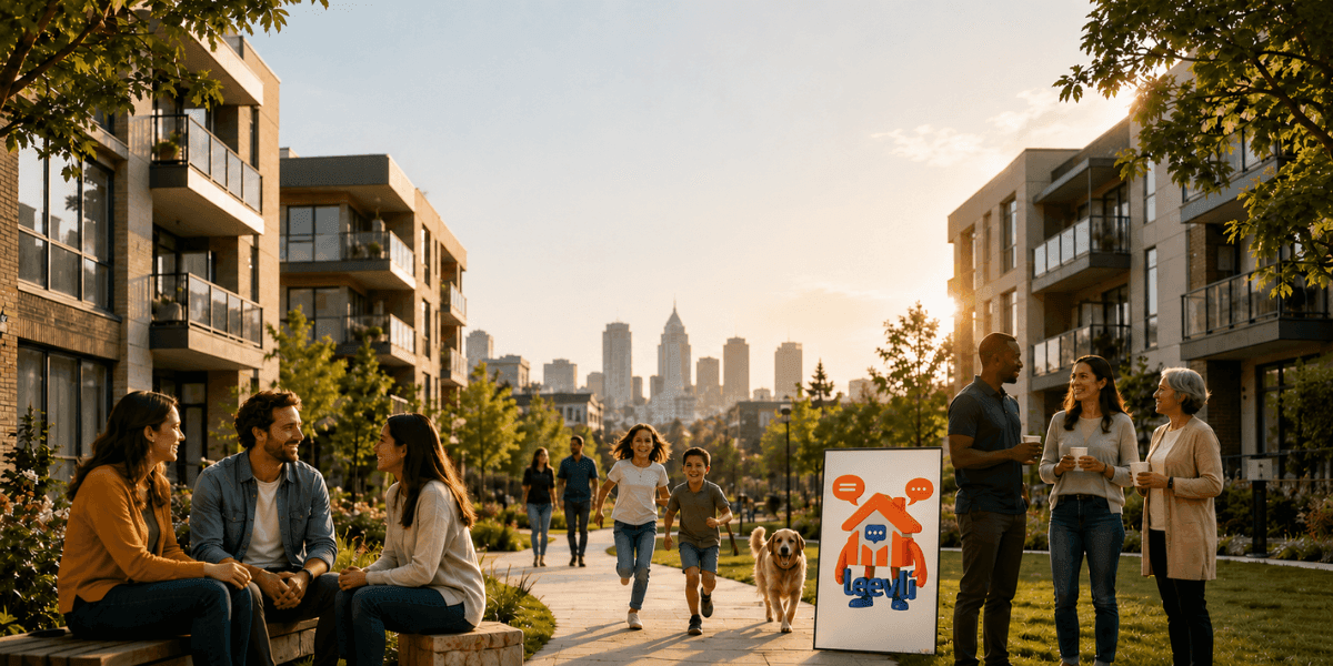 Residents socialize in a modern apartment community with Leevli sign, illustrating neighborhood connection and local insight.