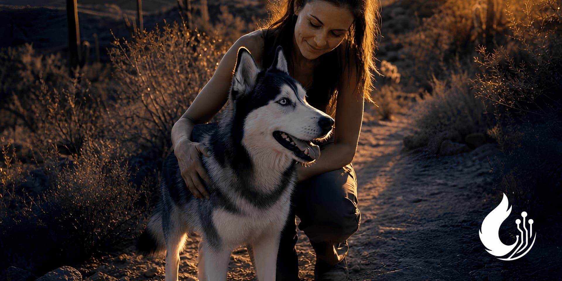 Woman kneeling beside a Siberian Husky outdoors with the HuskyTail Digital emblem.