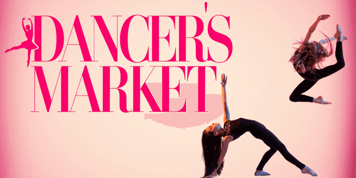 Two dancers in motion with bold “Dancer’s Market” text, representing a stylish, service-focused dancewear brand launch.