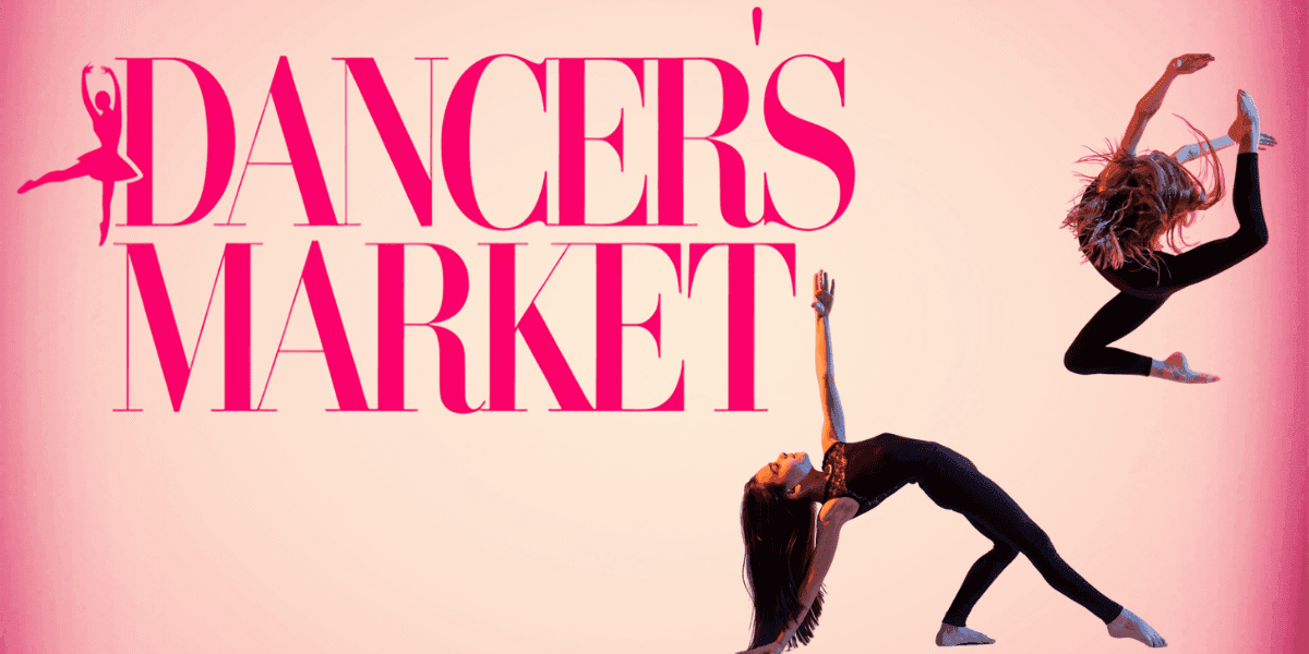 Two dancers in motion with bold “Dancer’s Market” text, representing a stylish, service-focused dancewear brand launch.