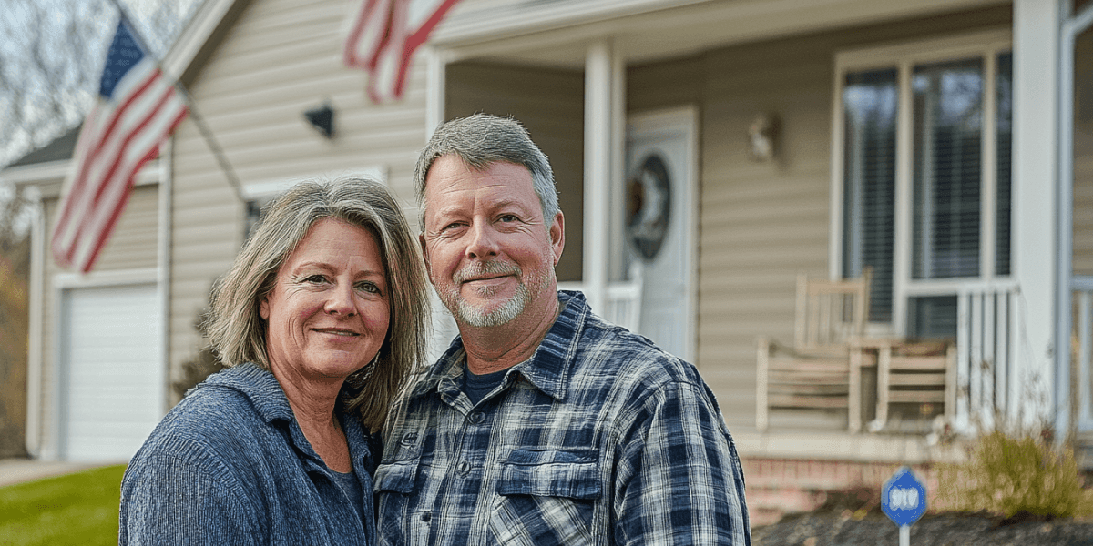 Middle-aged couple smiling in front of their home with American flags in the background, showcasing a happy family and their residence.