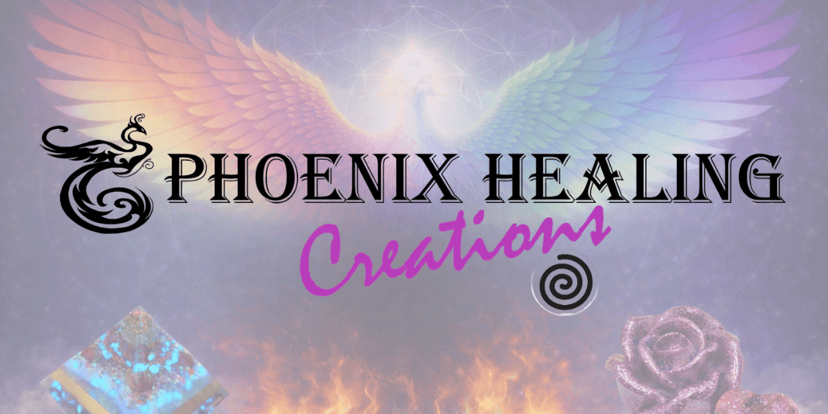Phoenix Healing Creations logo featuring a colorful phoenix with healing tools and a vibrant background.