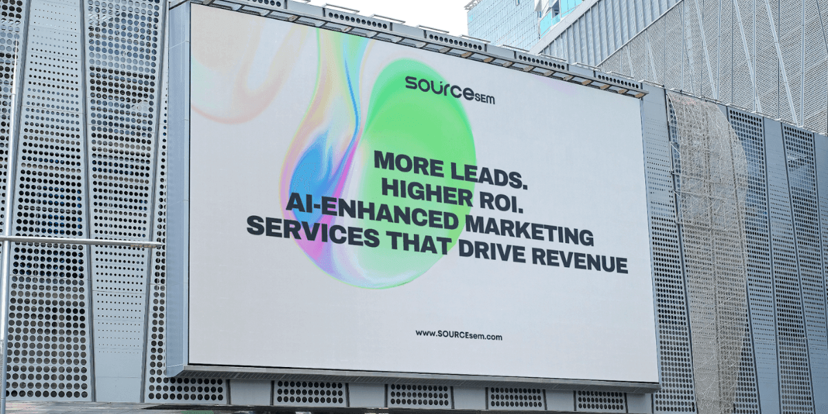 Billboard advertisement for SOURCEsem promoting AI-enhanced marketing services for higher ROI and revenue growth.