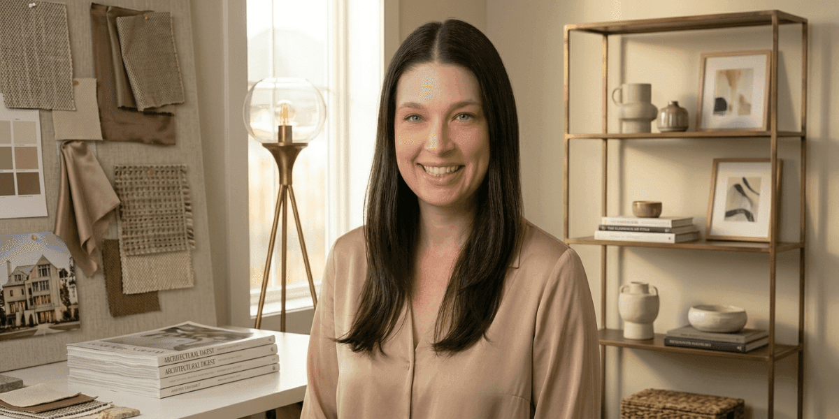 Professional woman smiling in a modern interior design studio with fabric samples and décor displays.