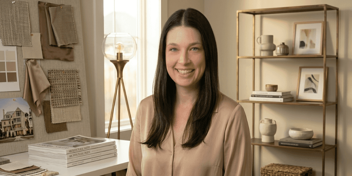 Professional woman smiling in a modern interior design studio with fabric samples and décor displays.