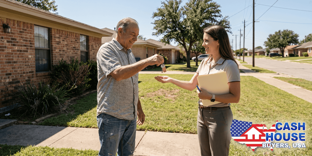 Homeowner receives house keys from a Cash House Buyers USA representative outside a suburban home in Dallas-Fort Worth.