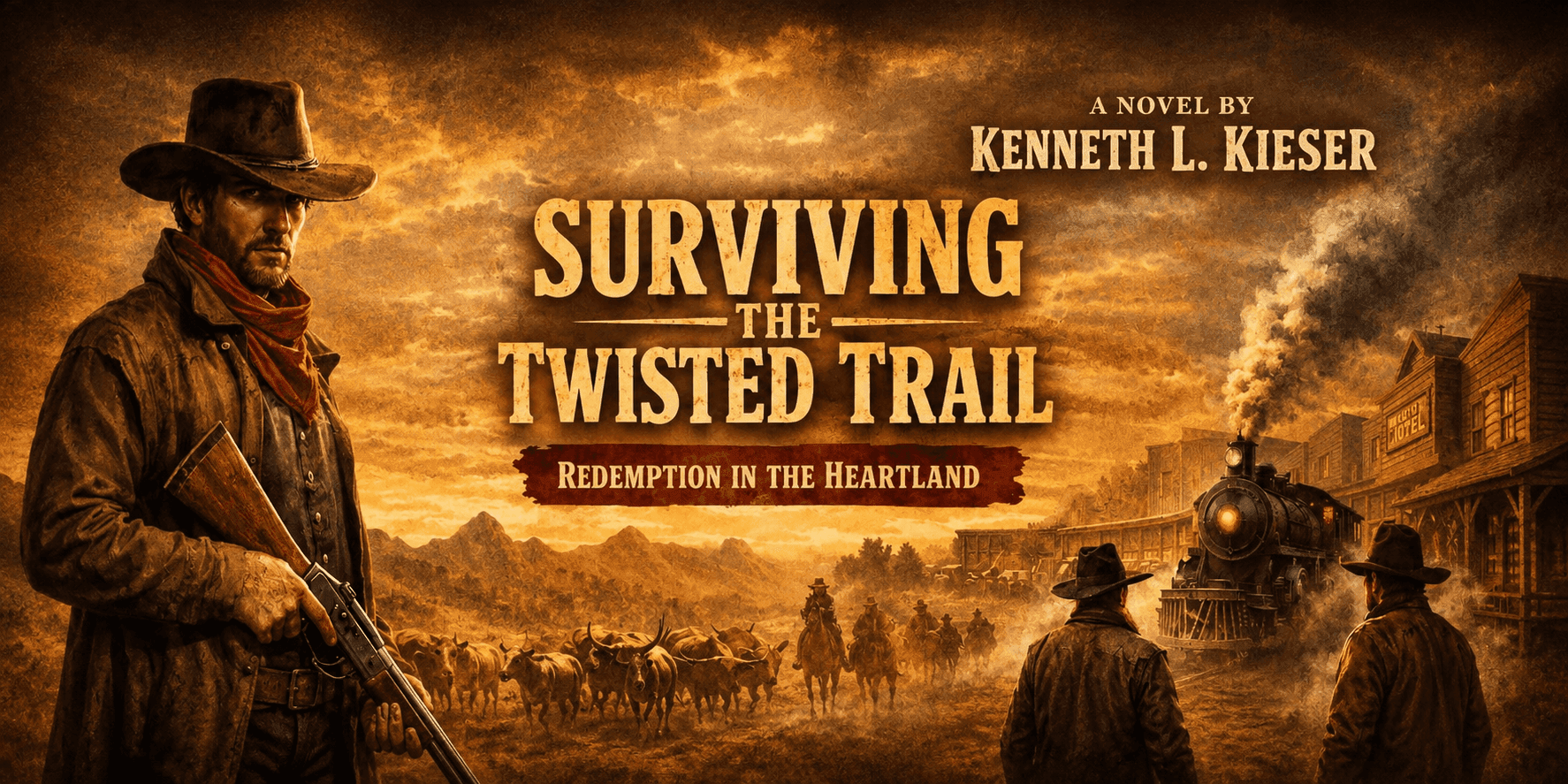 Surviving the Twisted Trail by Kenneth L. Kieser features a cowboy, cattle drive, and steam train in the Old West.