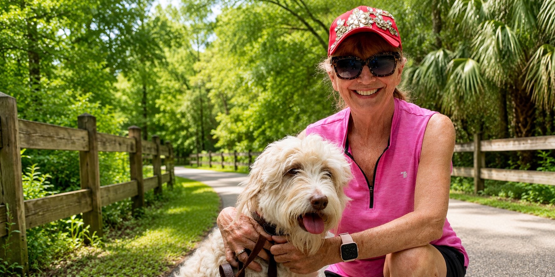 Stacey Bonner with a cream-colored dog on a shaded walking trail in a park.