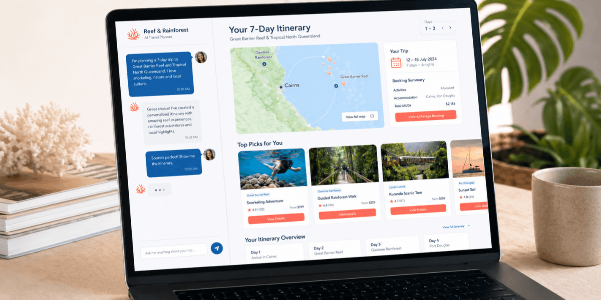 AI travel planner displaying a personalized Great Barrier Reef and Cairns itinerary on a laptop.