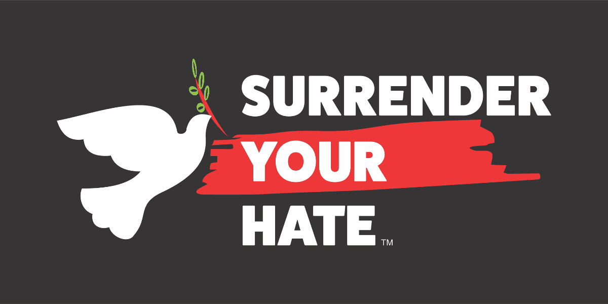 Surrender Your Hate logo featuring a white dove with olive branch on a dark background.