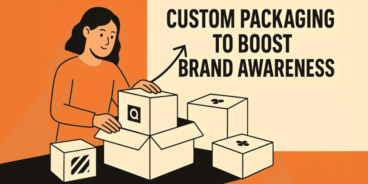 Custom packaging enhancing brand awareness, showcasing a person assembling packages with branded boxes for a memorable unboxing experience