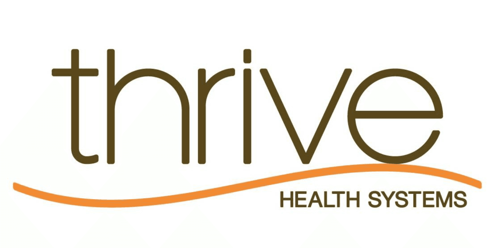 Thrive Health Systems logo with stylized text and an orange curved line underneath.