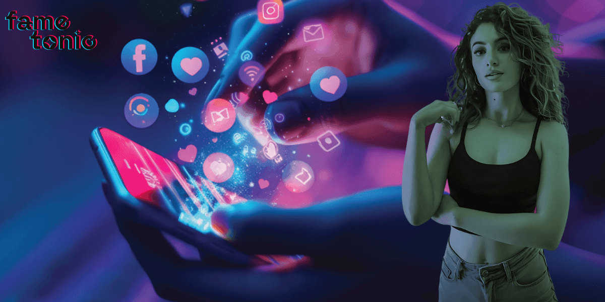 "A glowing, digital representation of social media icons emerging from a smartphone, with a woman standing next to the phone, promoting Fame Tonic's brand."