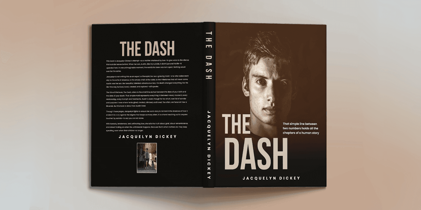 Book cover of The Dash featuring a young man’s portrait and bold title text in beige on dark background.