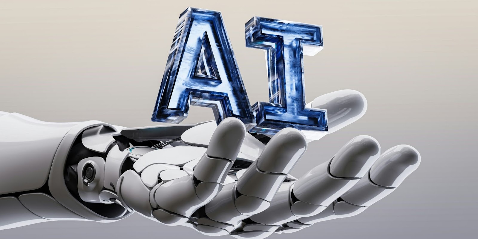 A futuristic robot hand holding the letters 'AI' in crystal-like form, symbolizing artificial intelligence and technology.