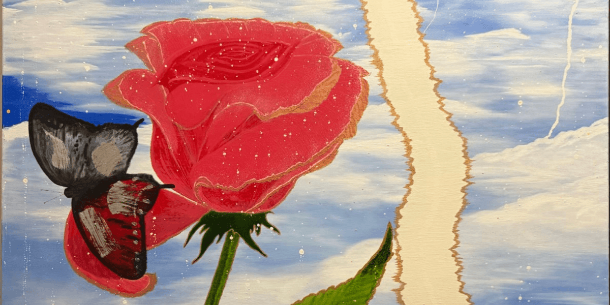 Butterfly on red rose against cloudy sky, symbolizing emotion and connection in Jerome S L Rozborski’s soulful fine art.