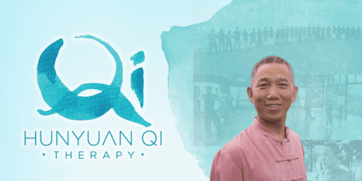 "Hunyuan Qi Therapy logo with Master Yuantong Liu, offering holistic healing through Qi energy and Zhineng Qigong practices."