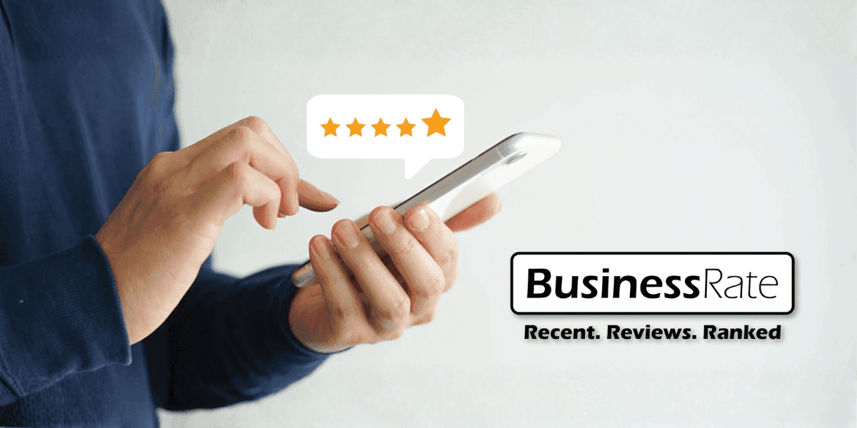 A person reviewing and rating a service on a smartphone, showcasing BusinessRate's platform with 5-star ratings and logo.