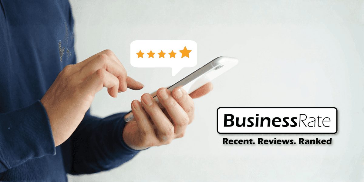 A person reviewing and rating a service on a smartphone, showcasing BusinessRate's platform with 5-star ratings and logo.
