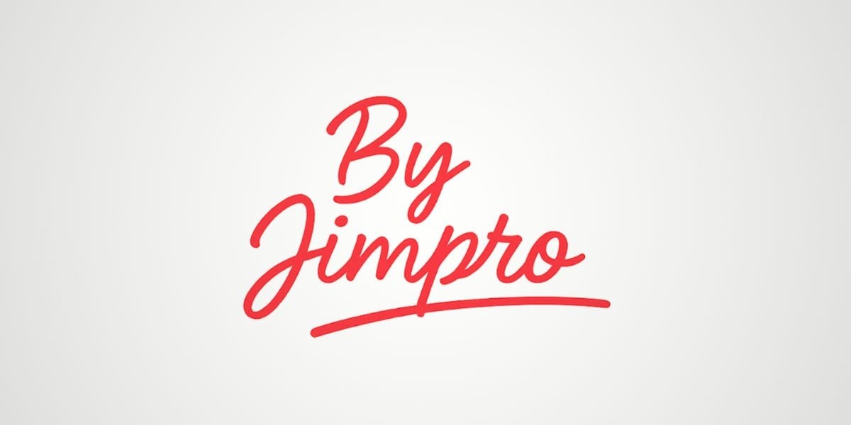The "By Jimpro" logo features bold, red cursive handwriting with a flowing, dynamic design, symbolizing creativity and artistry.