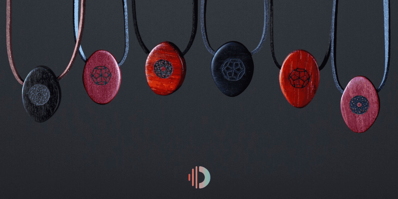 "Close-up of six wooden necklaces with unique geometric patterns, hanging on leather cords, showcasing intricate carvings on dark, reddish-brown wooden pendants against a dark background."