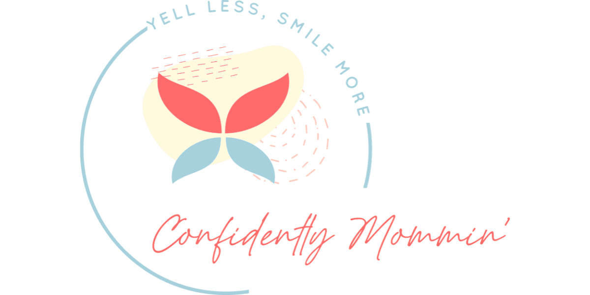 Confidently Mommin’ logo with butterfly design and text “Yell Less, Smile More.
