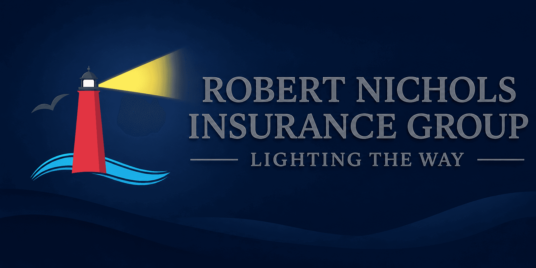 Robert Nichols Insurance Group lighthouse logo with beacon over waves and tagline “Lighting the Way.”